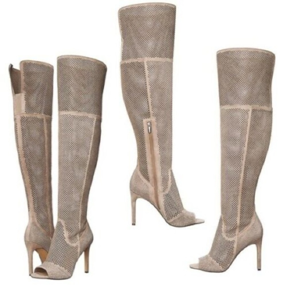 Vince Camuto taupe knee high peep toe sparkly boot heels